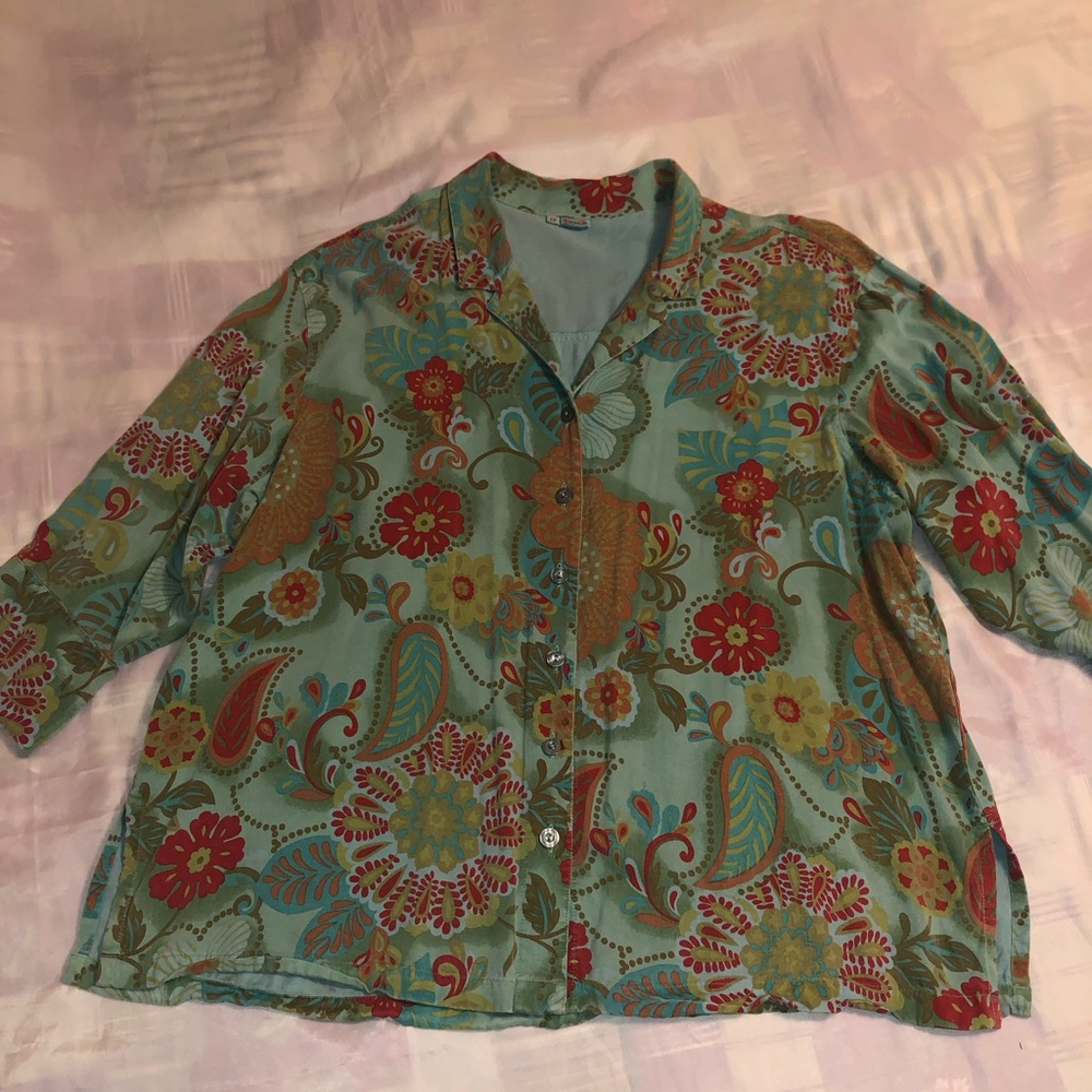 Tianello Teal Floral Paisley Button-Front Blouse
